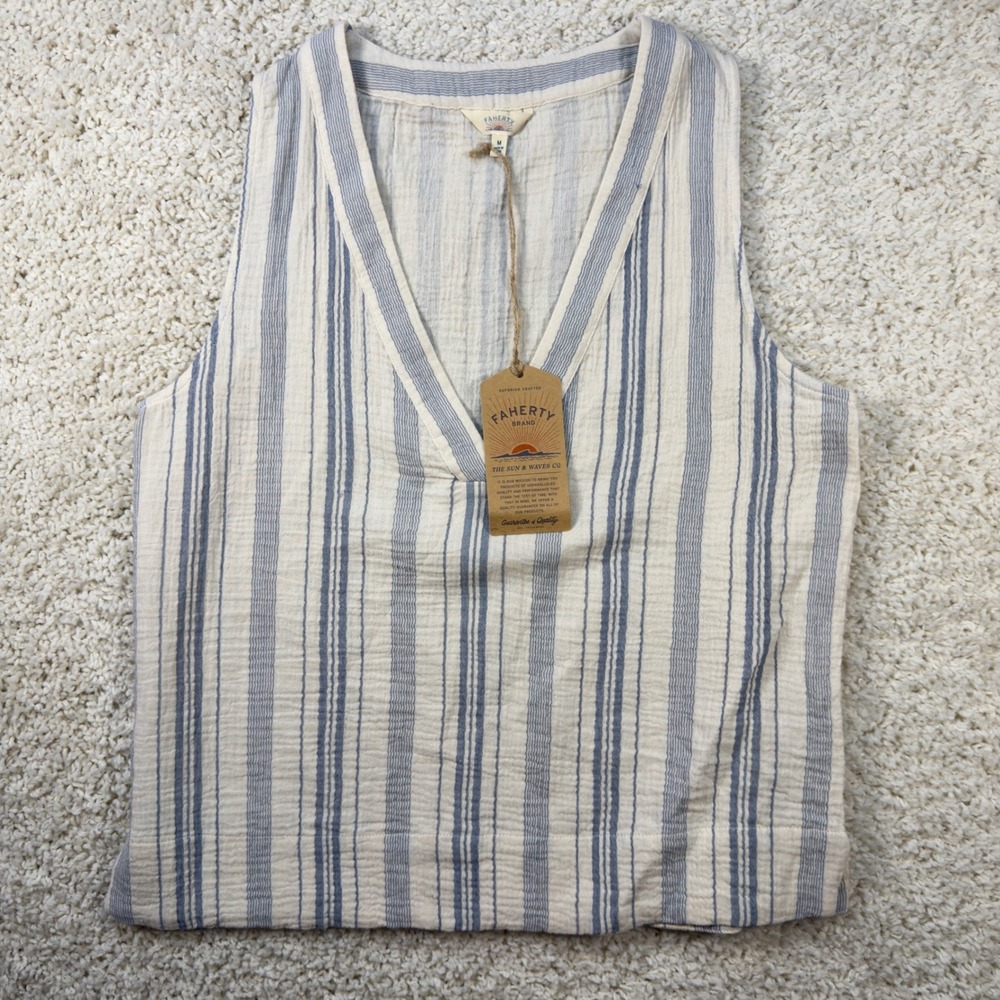 Faherty Tank Top Women Medium Cream Blue Striped Organic Cotton V-Neck Gauze NWT